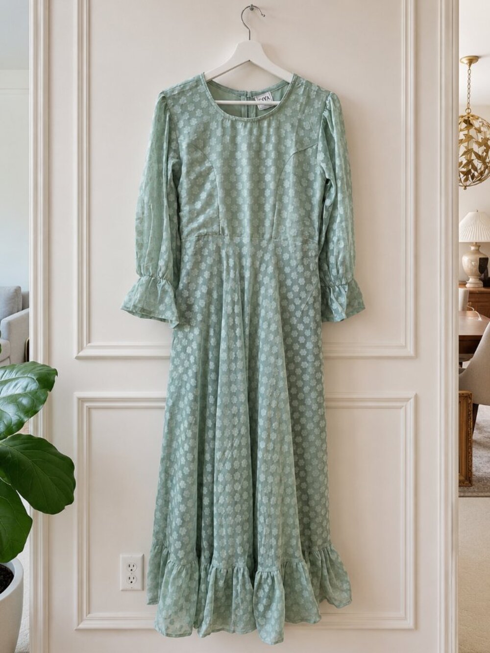 Mint Green Floral Long Dress, Size S-XS | Lined | Cottagecore | Prairie Dress